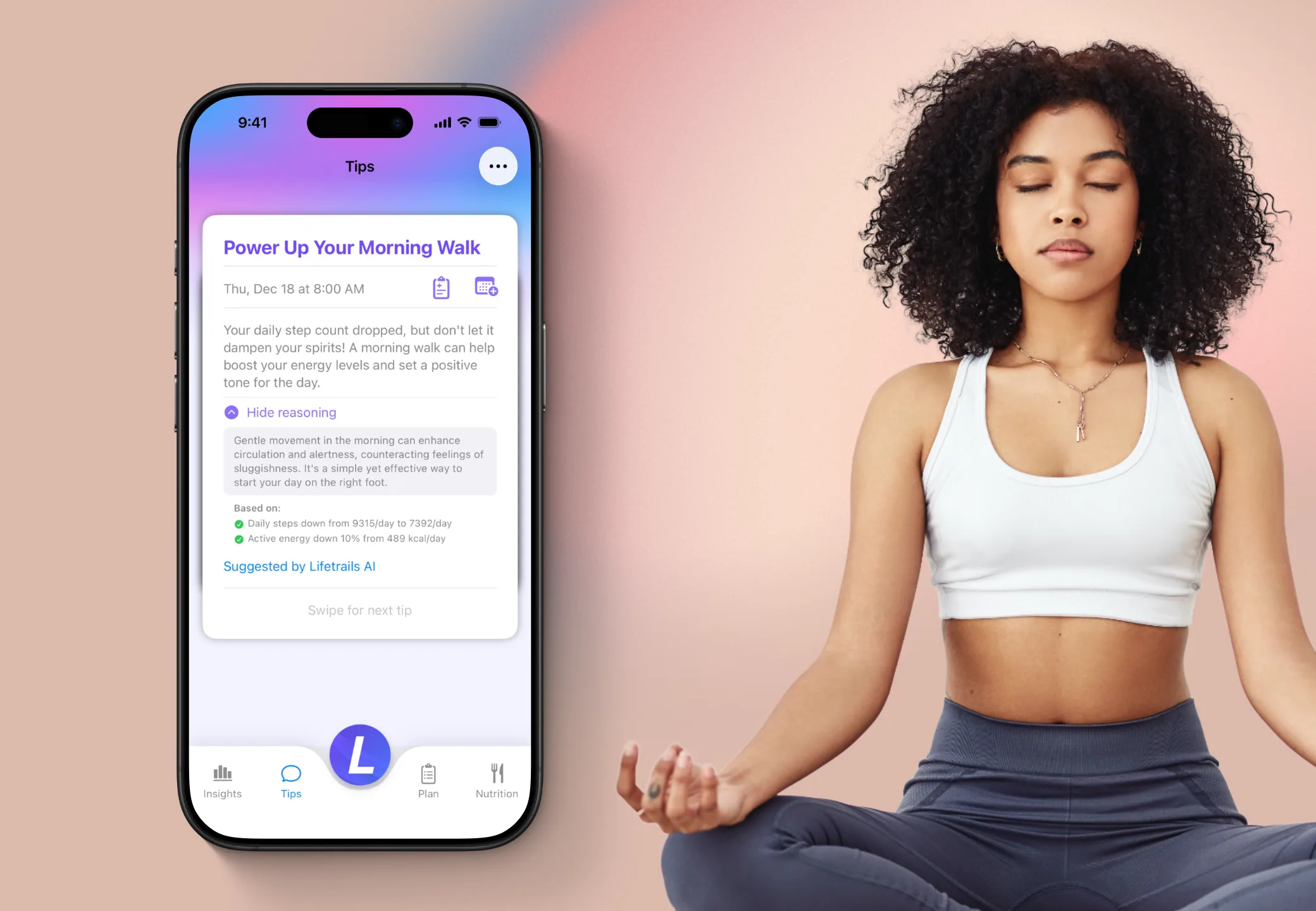 Lifetrails iPhone app showing holistic productivity metrics with a meditating woman in background