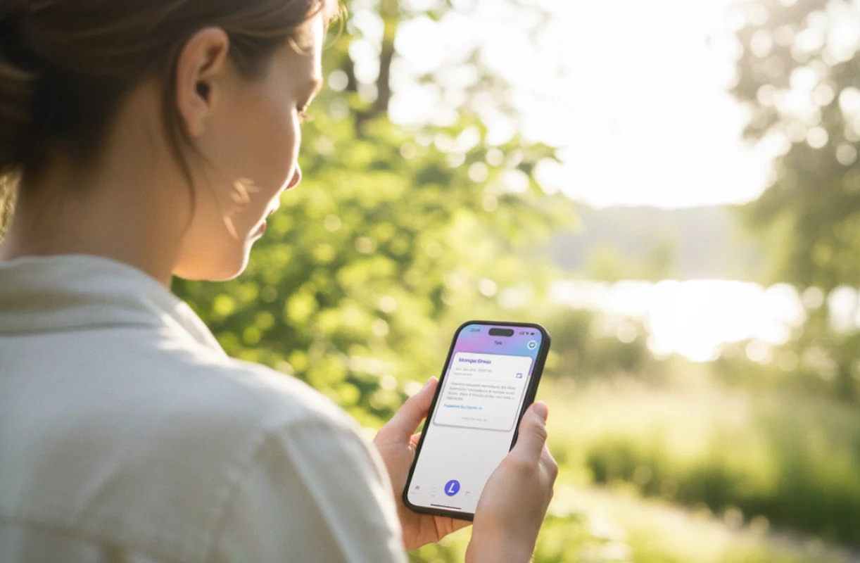 Woman using Lifetrails iPhone app in nature for wellness tracking